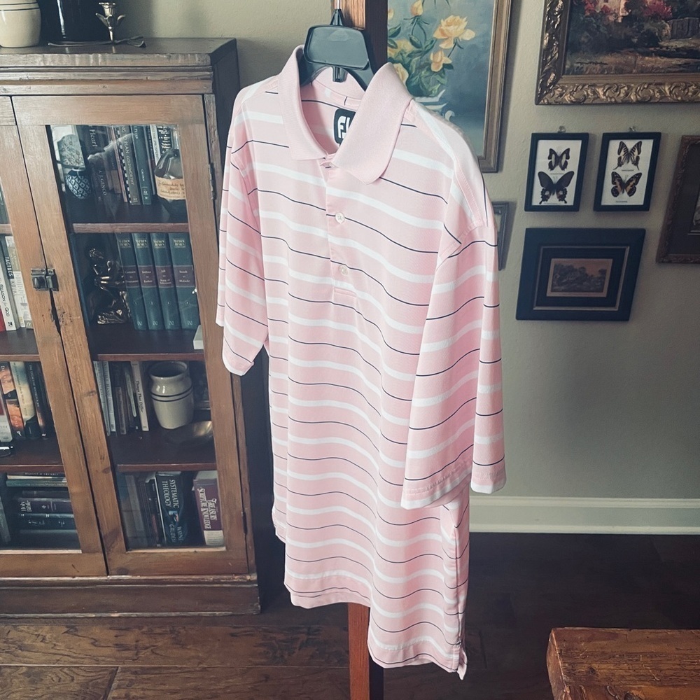 FootJoy men’s short sleeve stretch polo golf shirt L pink white black stripe - Picture 3 of 9
